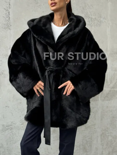 Полушубок черный норковый с капюшоном - фото 3