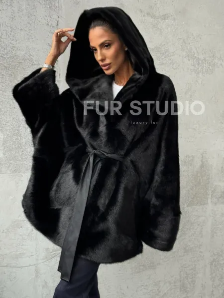 Полушубок черный норковый с капюшоном - фото 4