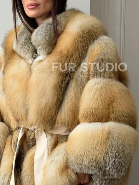 Шуба - пончо из лисы с поясом - фото 1