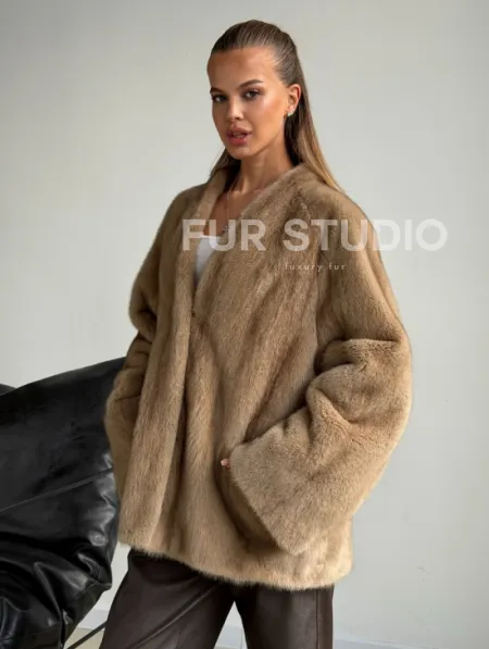 Норковый полушубок V-образный воротник - фото 6