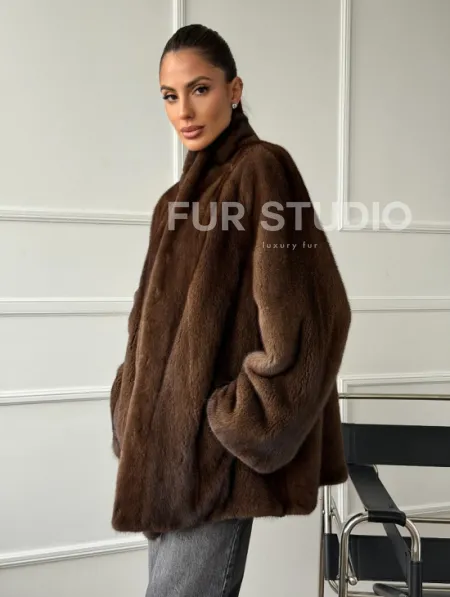 Норка жакет орех V-образный ворот - фото 8