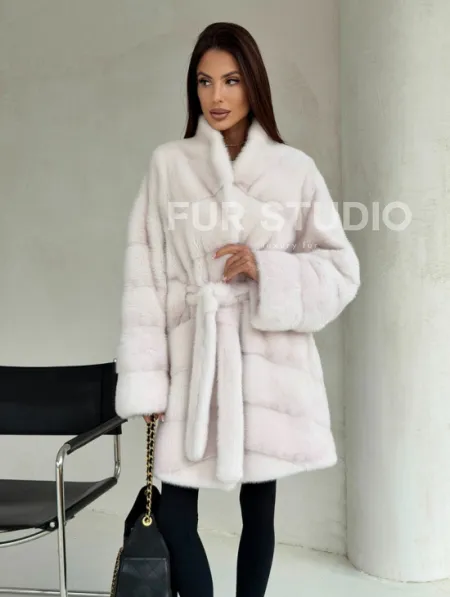 Белая шуба-кимоно, мех норка - фото 9