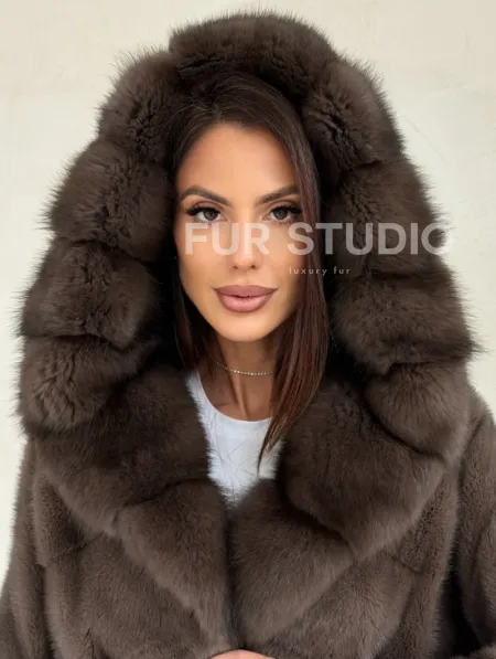Меховой норковый полушубок с капюшоном куница - фото 5