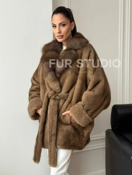 Шуба норка - воротник куница - фото 0