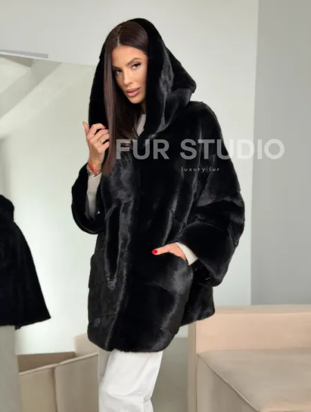 Норка шуба BLACKGLAMA паркет кимоно с капюшоном - фото 11