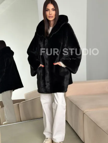 Норка шуба BLACKGLAMA паркет кимоно с капюшоном - фото 4