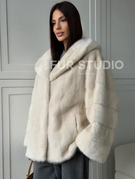 Норковый полушубок с капюшоном кобра - фото 8