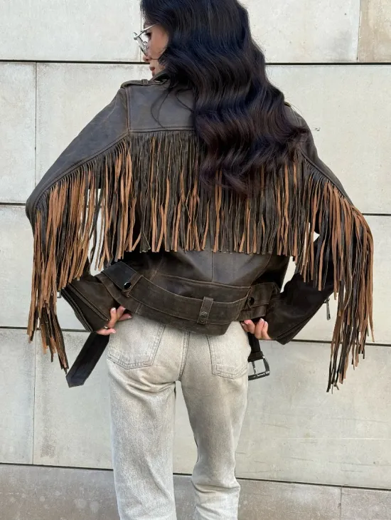 Куртка из натуральной кожи с бахромой «Vintage» - коричневая - фото 6