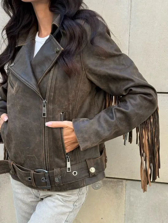 Куртка из натуральной кожи с бахромой «Vintage» - коричневая - фото 1