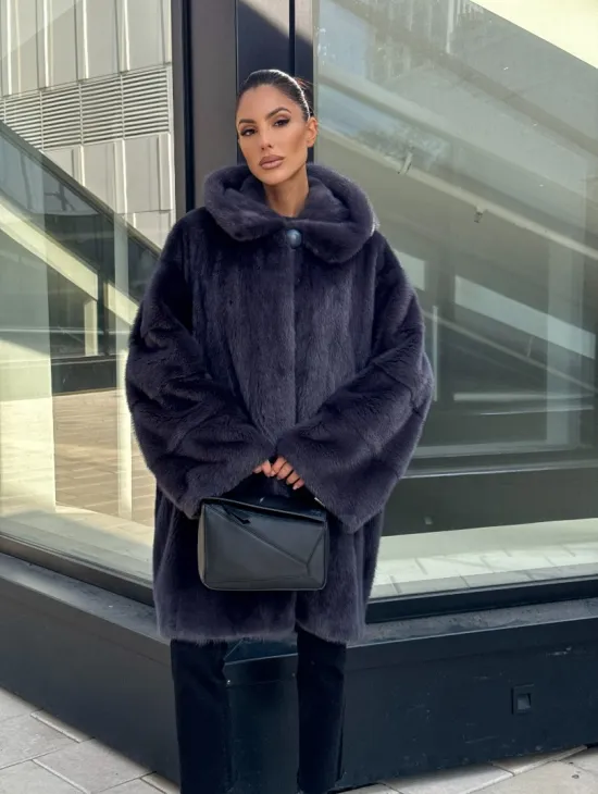 Норковая шуба с капюшоном,  роспуск - темный графит - фото 6