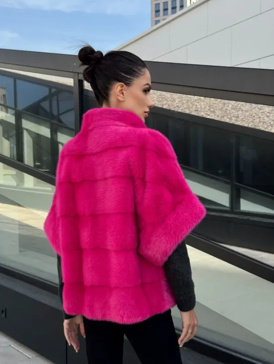 Норковая куртка трансформер 2в1 - цвет фуксия - фото 9