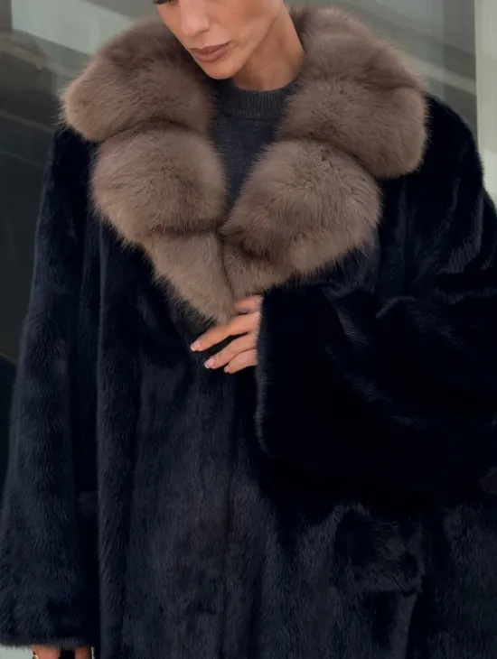 Женское меховое полупальто из норки- воротник куница - фото 1