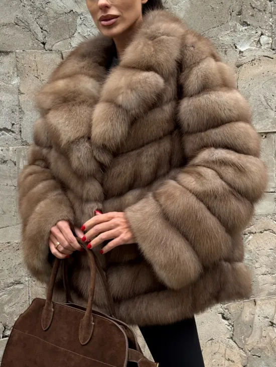 Полушубок из меха куницы пастель английский воротник - фото 3