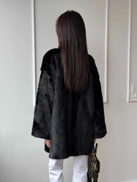 Черный полушубок из натурального меха, стойка воротник - фото 6