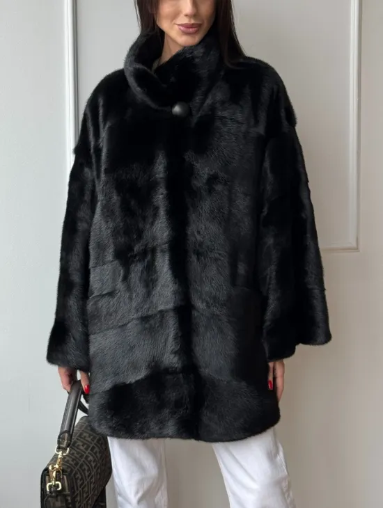 Черный полушубок из натурального меха, стойка воротник - фото 4