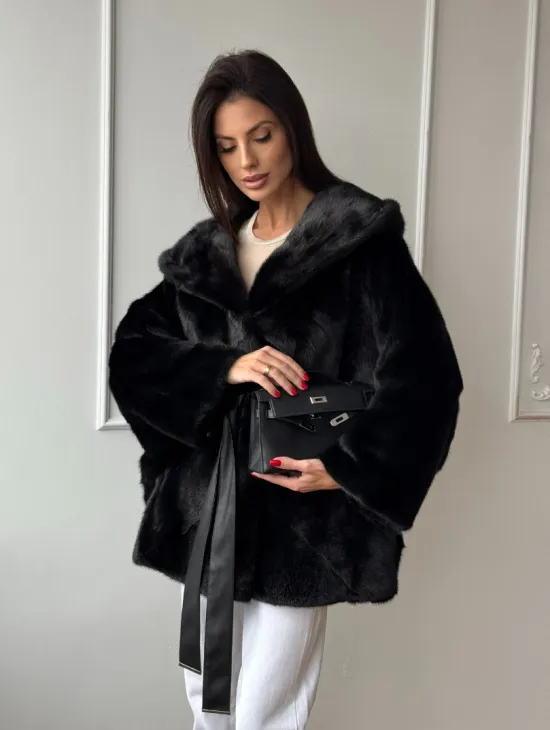 Летучая мышь шуба из меха норки Black с капюшоном - паркет - фото 0