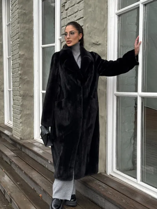 Шуба из канадской аукционной норки с английским воротником - Total black - фото 11