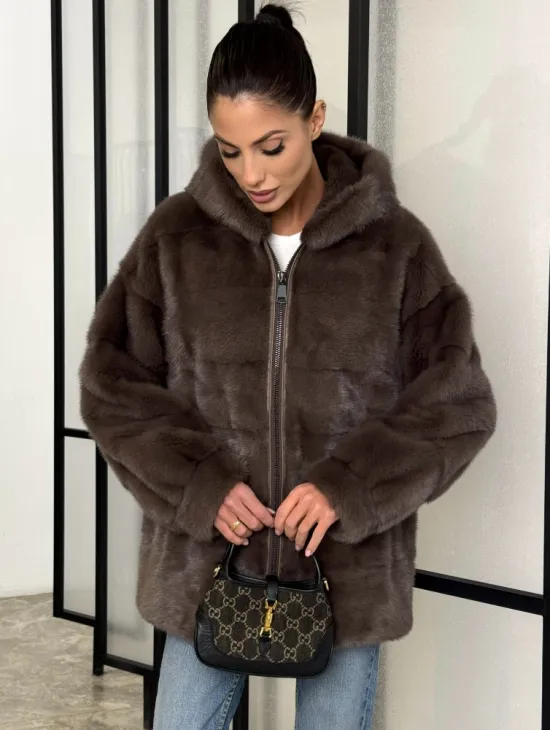 Норковый полушубок с капюшоном на молнии - фото 2