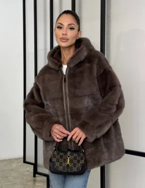 Норковый полушубок с капюшоном на молнии - фото 9