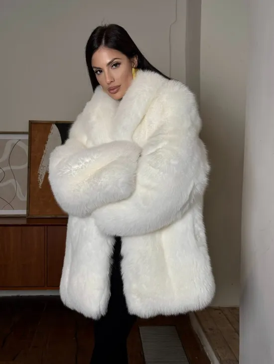 Белая шуба из меха лисы - воротник шаль - фото 6