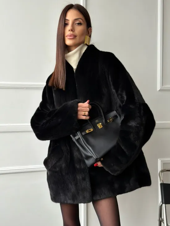 Жакет - шуба из норки BLACK с V-образным воротником, косыми карманами - фото 10