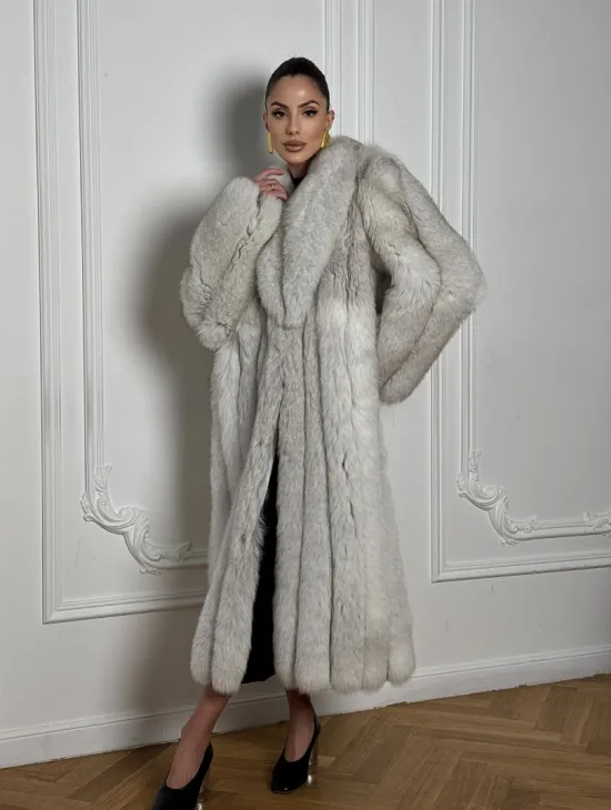 Длинная шуба из меха финского песца VINTAGE - колотый лёд - фото 10
