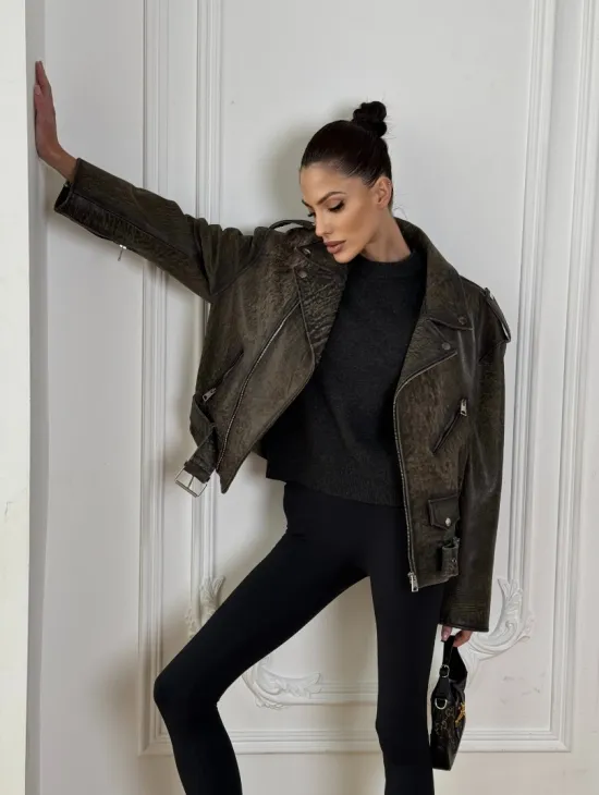 Натуральная женская кожаная косуха в стиле Vintage весна - 2025 - фото 9