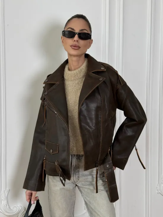 Vintage Brown кожаная куртка - косуха оверсайз с затертыми швами - фото 5