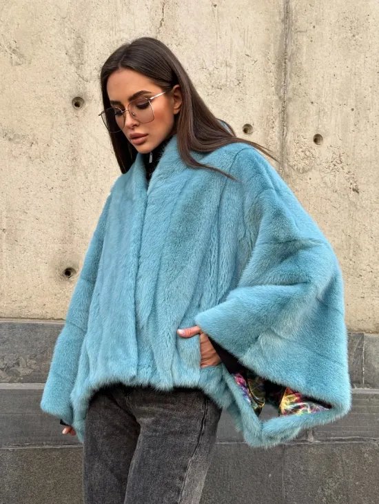 Норковая шуба летучка с V-образным воротником, цвет - тиффани - фото 3