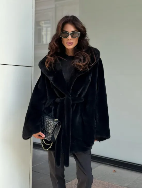 Пончо из норки с капюшоном кобра - черно-синий - фото 10