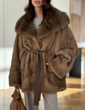 Шуба норковая бежевая с капюшоном - фото 2