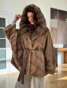 Шуба норковая бежевая с капюшоном - фото 7