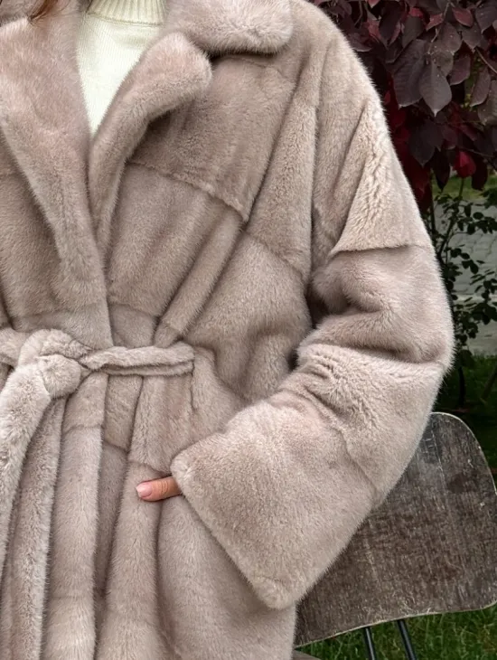 Длинная норковая шуба с поясом - фото 1