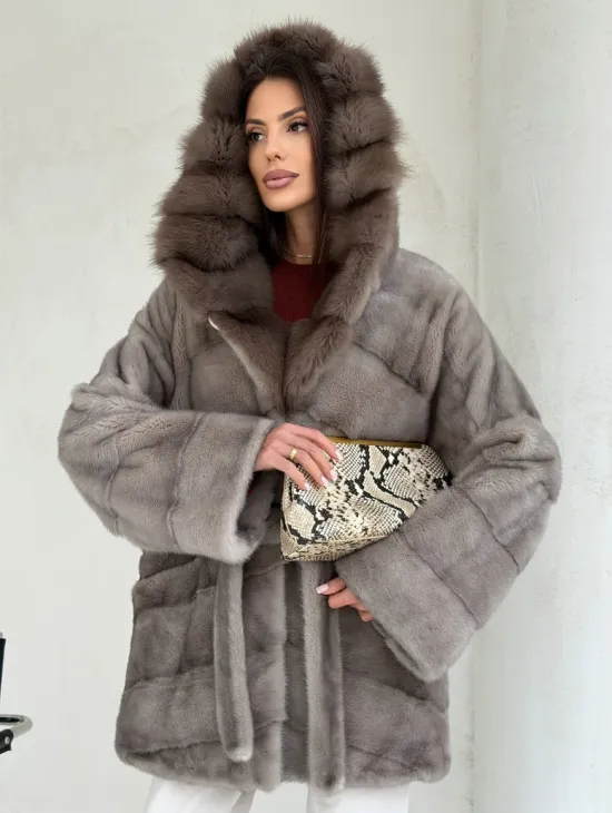 Серый норковый полушубок - капюшон куница - фото 6