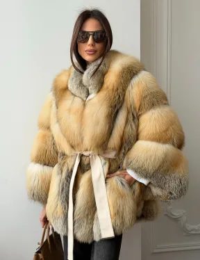 Шуба - пончо из лисы с поясом - фото 0