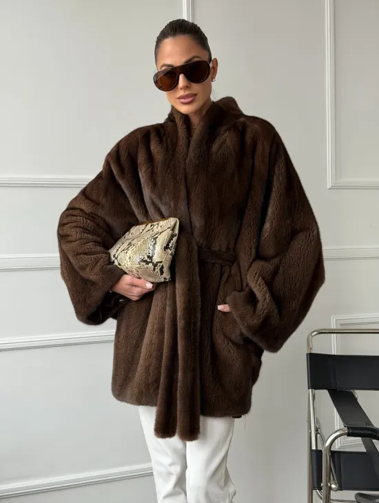 Норковый полушубок с меховым поясом - Летучая мышь - фото 8