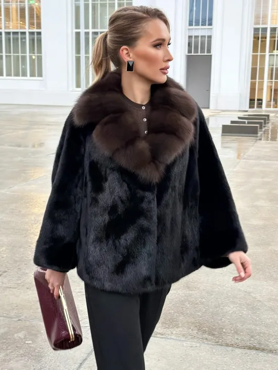 Черный норковый жакет с воротником куницы - фото 7