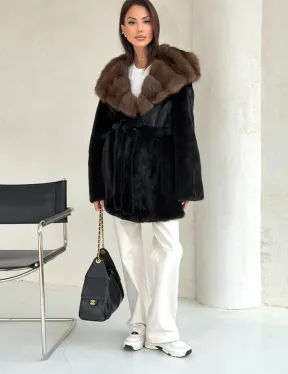 Черная шуба в роспуск с капюшоном соболь - фото 5