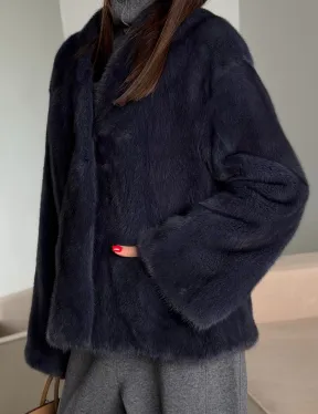 Короткий норковый жакет - синий графит - фото 2