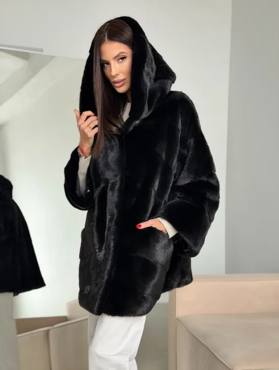 Норка шуба BLACKGLAMA паркет кимоно с капюшоном - фото 11
