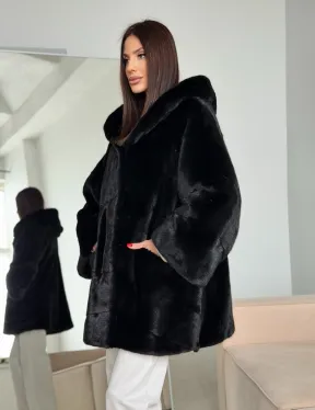 Норка шуба BLACKGLAMA паркет кимоно с капюшоном - фото 12