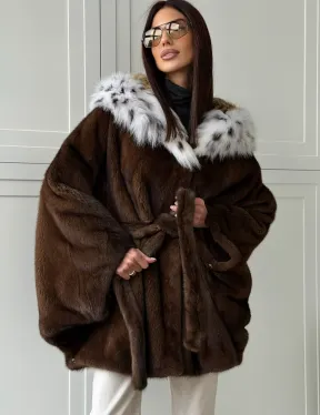 Норковая шуба с капюшоном по рысь - фото 0