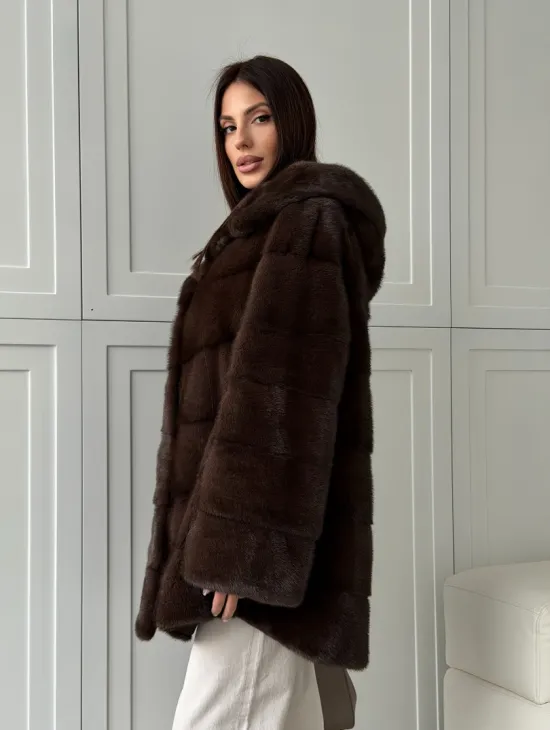 Норковая шуба в стиле «рубашка» с капюшоном - фото 12