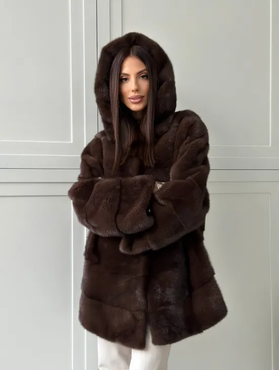 Норковая шуба в стиле «рубашка» с капюшоном - фото 13