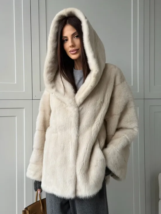 Норковый полушубок с капюшоном кобра - фото 13