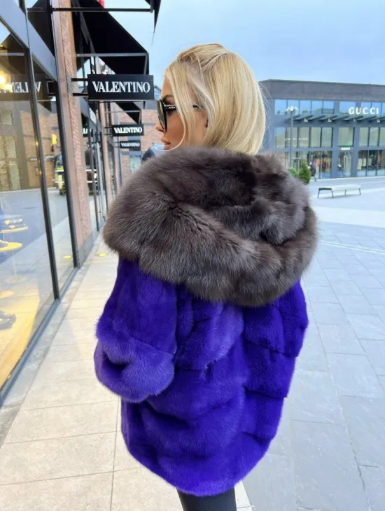 Шуба норковая с капюшоном из меха куницы - цвет фиолетовый - фото 5