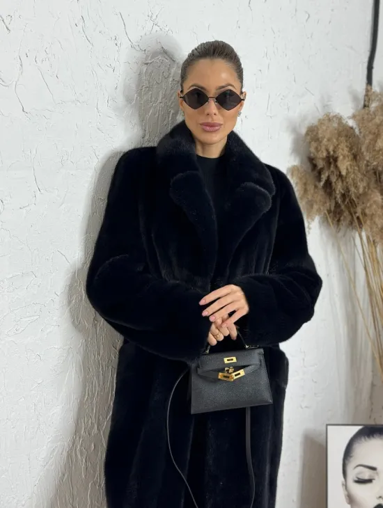 Шуба из плюшевой норки с английским воротником - цвет инфинити - фото 2
