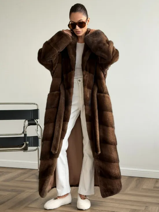 Шуба из плюшевой норки Velvet с английским воротником - цвет соболь - фото 9