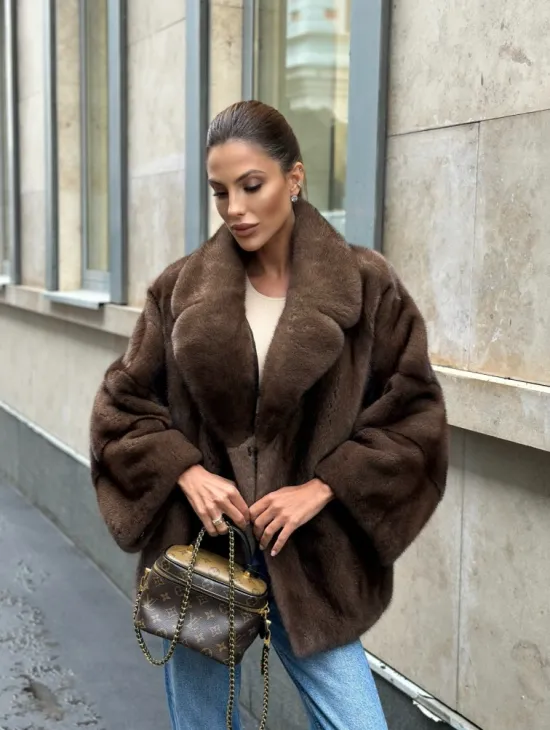 Норковый полушубок с английским воротником - цвет орех - фото 15