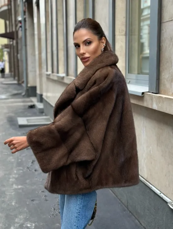 Норковый полушубок с английским воротником - цвет орех - фото 7